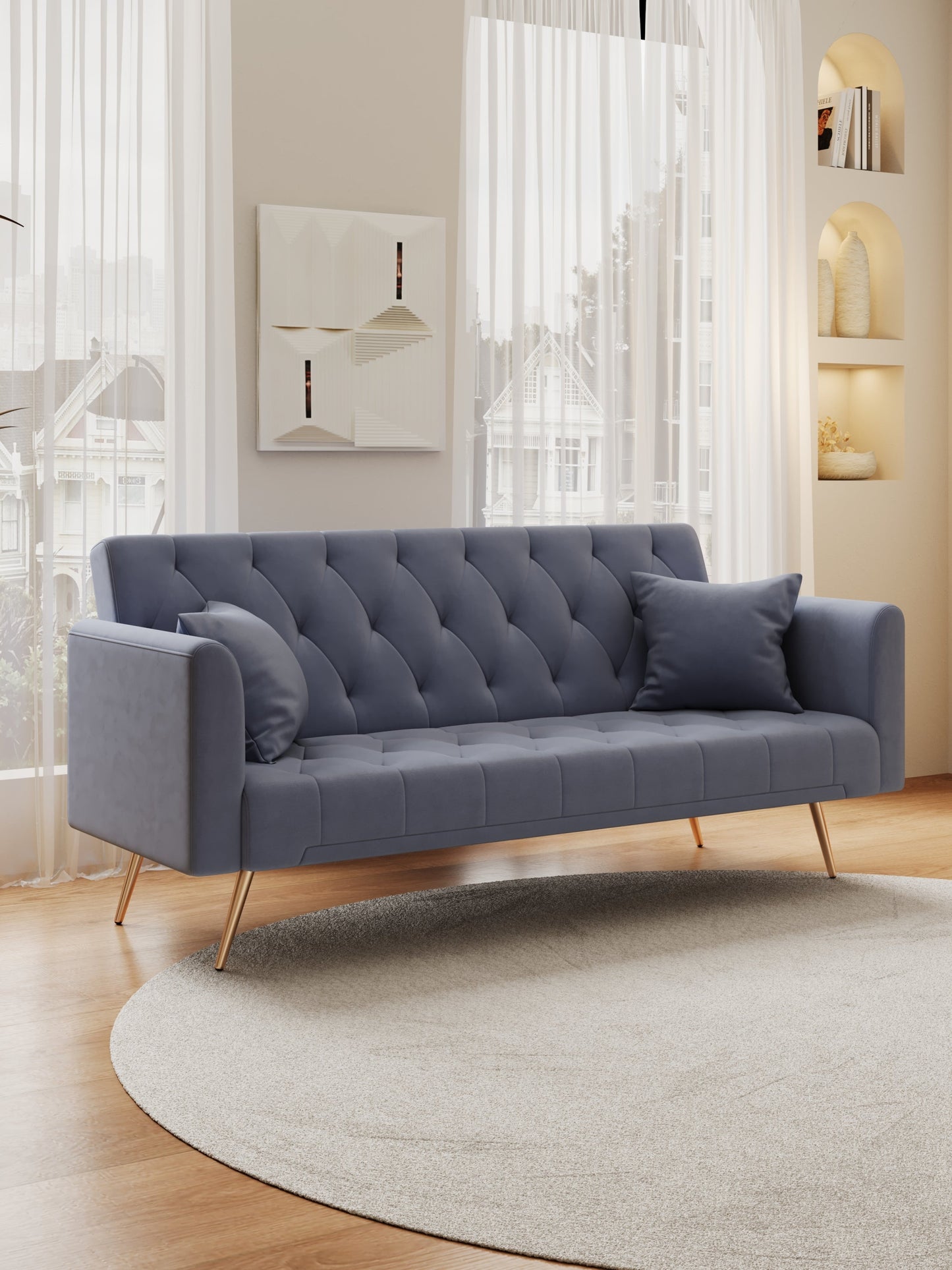 NEW 71-inch convertible love seat sofa, American vintage grey velvet material, suitable for small living room, bedroom, office