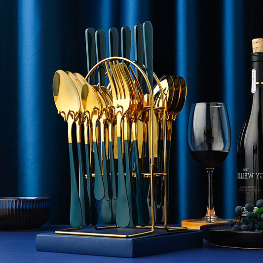 NEW Gold Dinnerware Set Stainless Steel Tableware Set Knife Fork Spoon Luxury Cutlery Set With Storage Rack Dishwasher