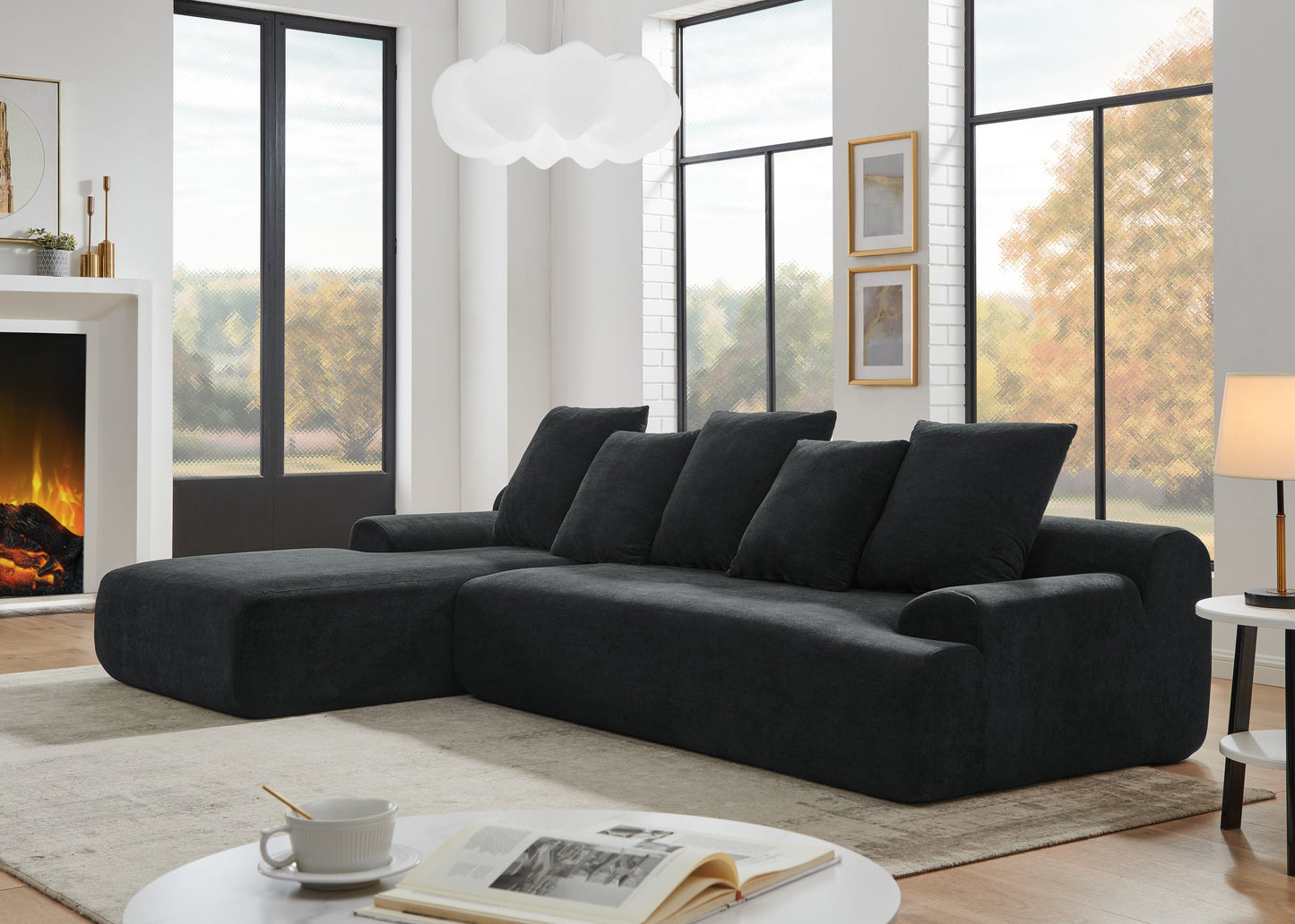 NEW Modern Black Melange Velvet Upholstered L-Shape Sectional Modular Compressed Sofa