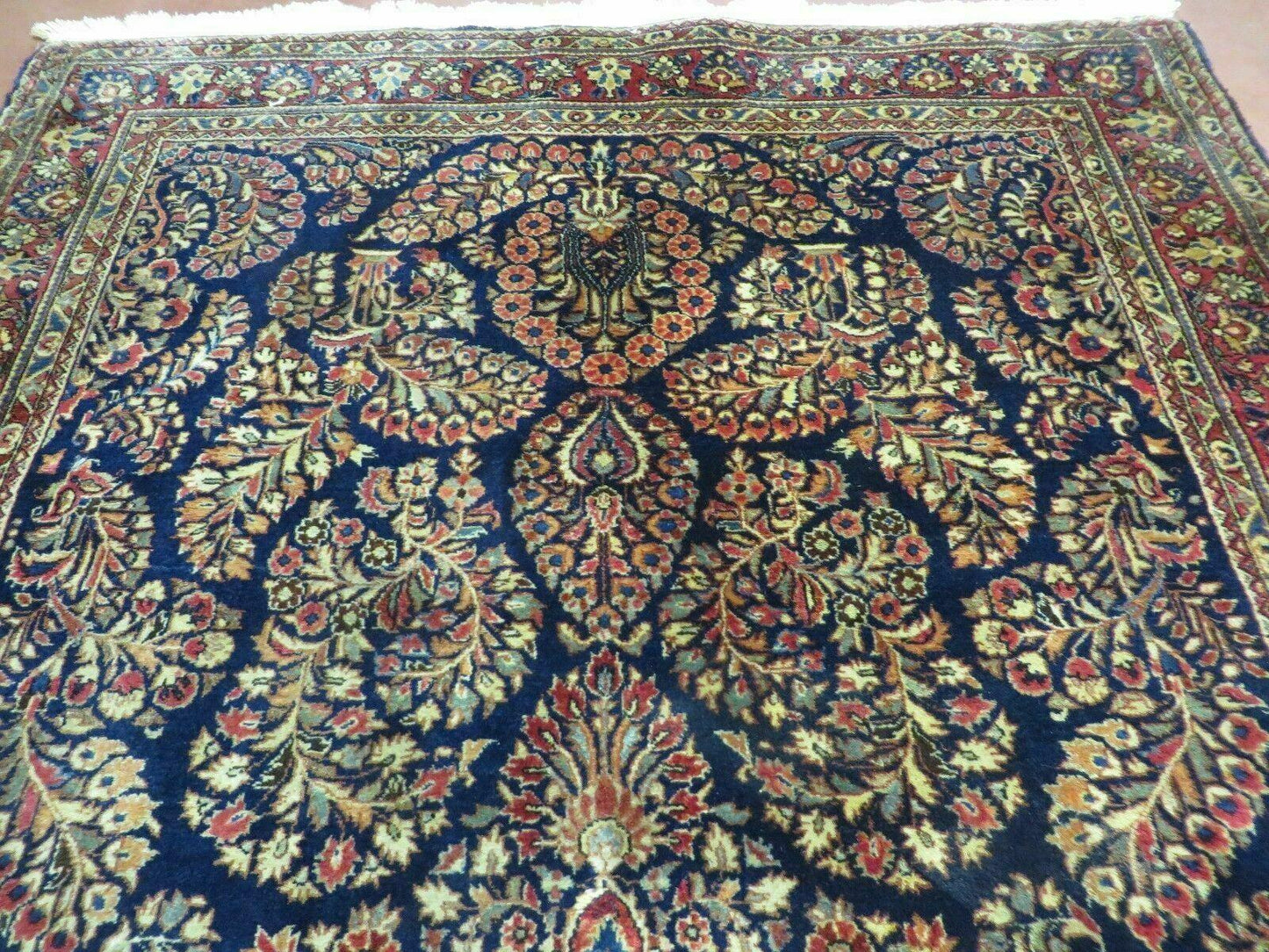 USED Antique Persian Sarouk Rug 4x6, Hand Knotted 1920s Oriental Carpet 4 x 6 ft, Navy Blue and Red Wool Rug, Handmade Floral Allover Persian Area Rug