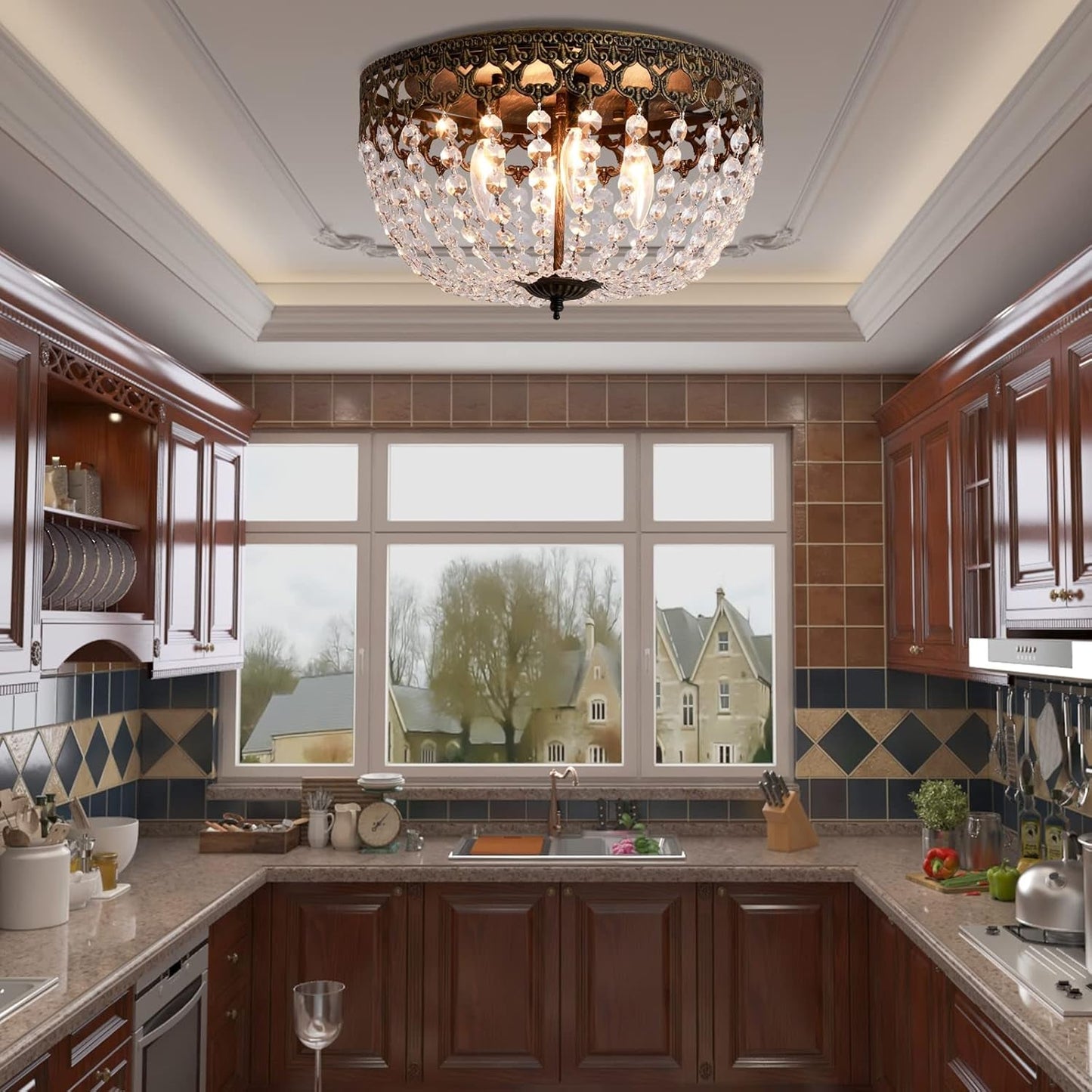 NEW Bronze Crystal 15 Inch Four Light Flush Mount Ceiling Light