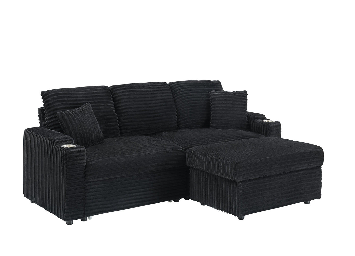NEW 80' Corduroy Multi-Function Sofa with Hidden Reclining, Space Saving Design, Armrests, Cup Holders and Removable Footstool, Black