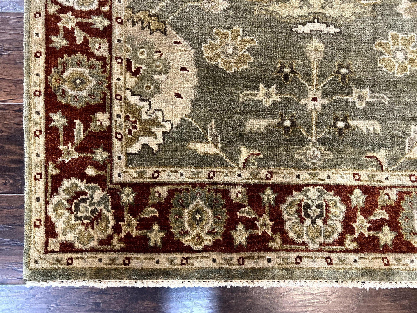 USED Indo Oushak Rug 4x6, Green and Maroon, Vintage Wool Floral Rug, Indian Agra Rug