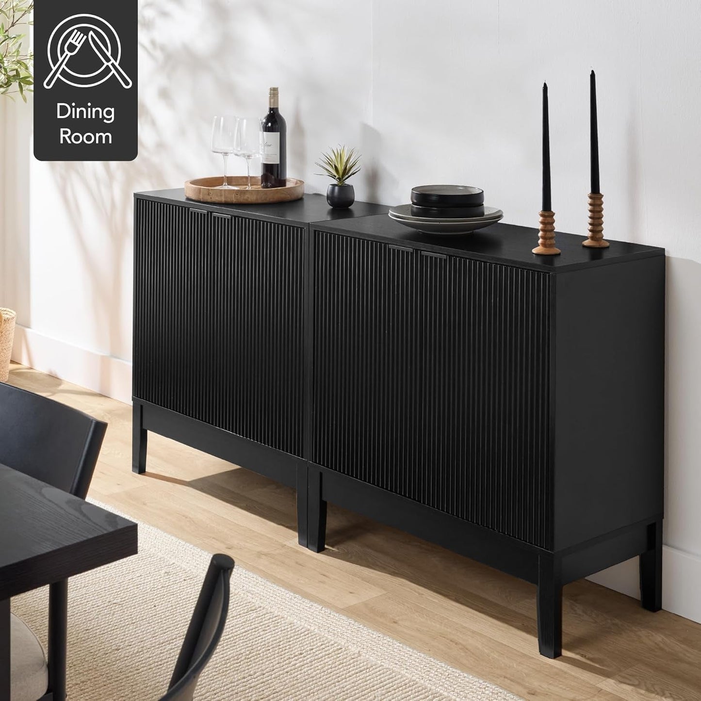 NEW Black Two Door Modern Entryway Storage Cabinet Reeded Doors