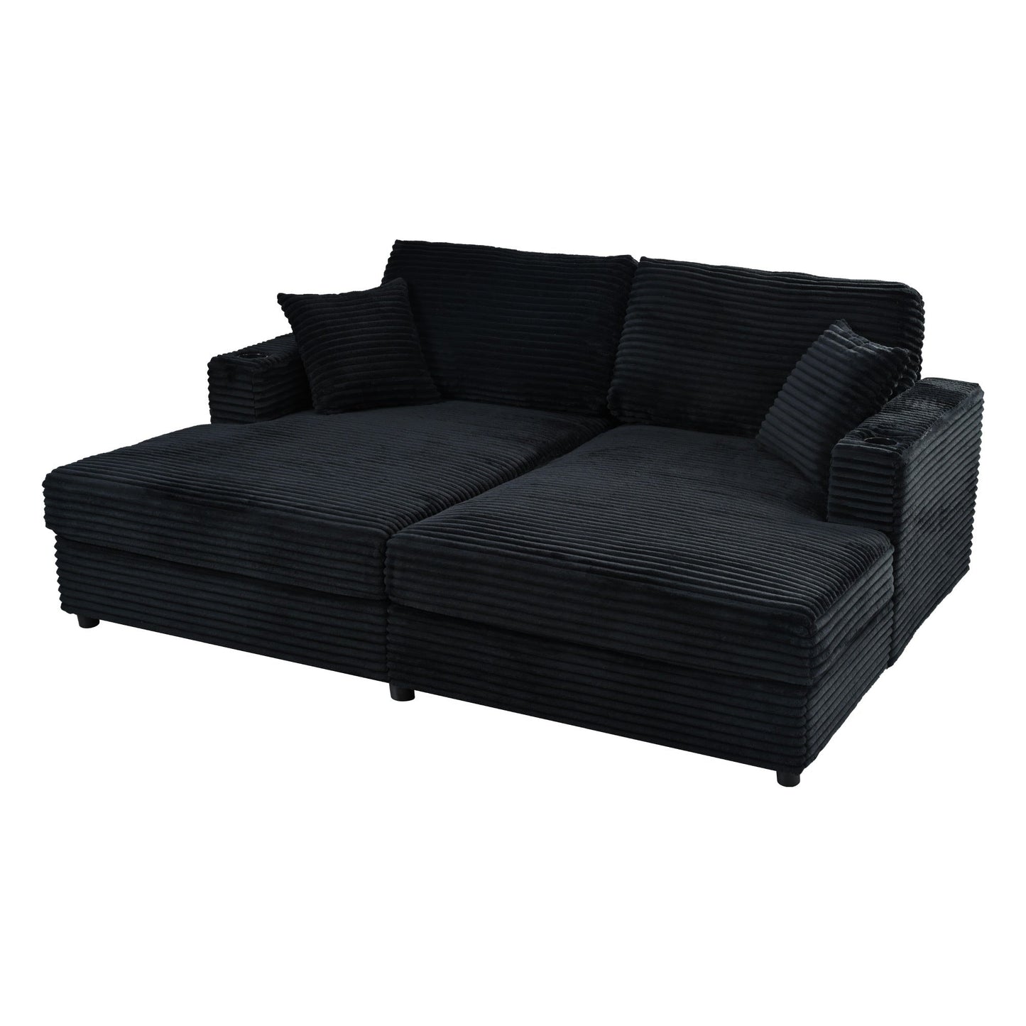 NEW Black Corduroy Oversized Loveseat Chaise Lounge Sectional Sofa Bed with USB Ports Cup Holders and Pillows
