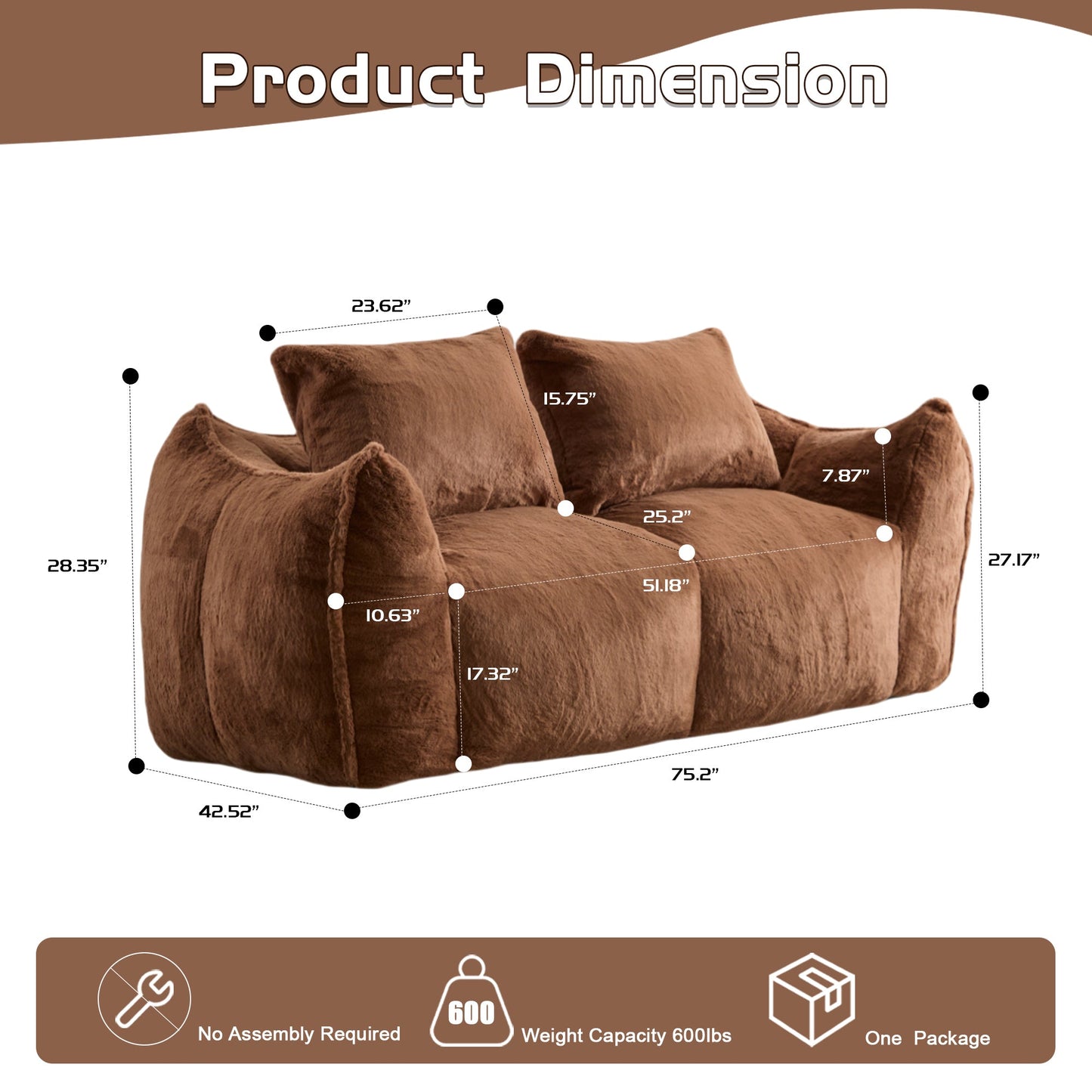 NEW Adult Brown Ultra Soft Fluffy Loveseat Giant Bean Bag Sofa Oversized Chase Lounge Chair with Pillows