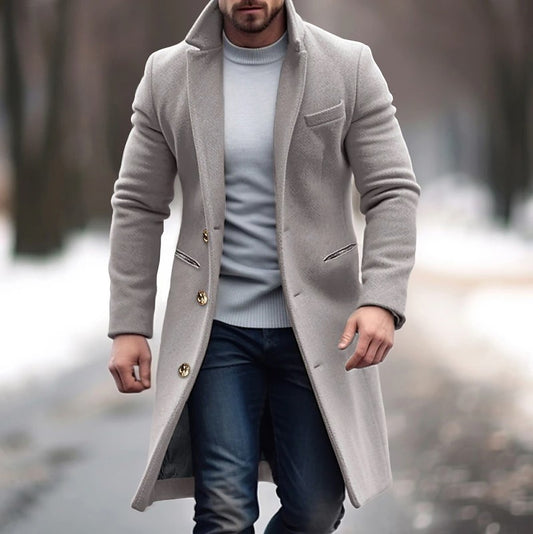 New Winter Lapel Trench Coat Fashion Pocket Single Breasted Jacket Outerwear Casual Solid Color Men's Clothing