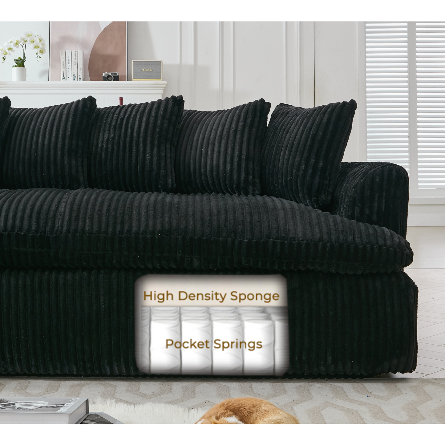 NEW 127''  Large Sectional Sofa ,Elegant Curved Design ,High-Resilience Foam ,Ten Back Cushions,L-Shape Left Sofa,No Assembly  Required , (Black-Soft Corduroy Fabric)