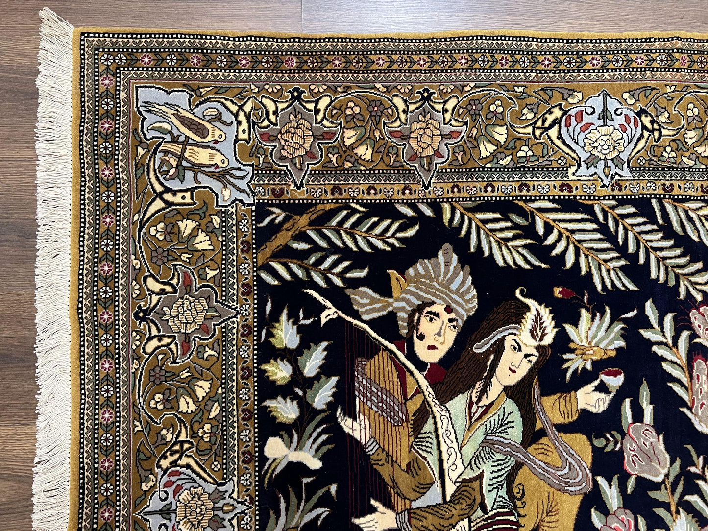 USED Persian Qum Pictorial Rug 4.8 x 6.5 - Layla & Majnun, Birds