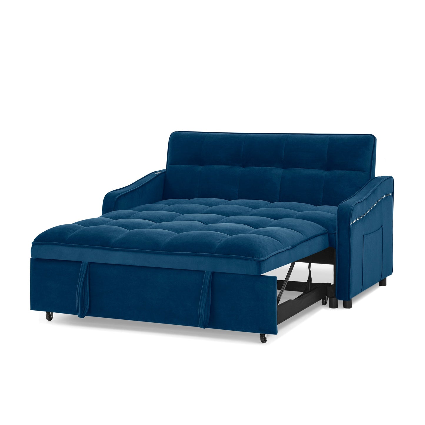 NEW Blue Copper Nail Loveseat Sofa Bed with Pull-out Bed with Adjustable Back Two Arm Pocket TypeC and USB Charging