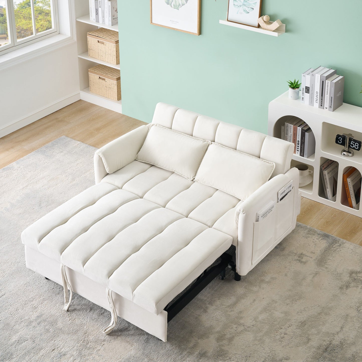 NEW 52 Beige Modern Velvet Sofa Pullout Bed Small Loveseat Casual Sofa with Pillow Pockets