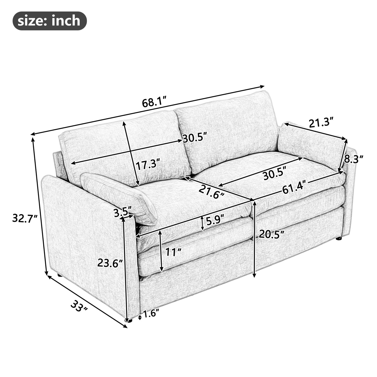 NEW Gray Premium Chenille Fabric Upholstered Rolled Arm Loveseat with Lumbar Pillow
