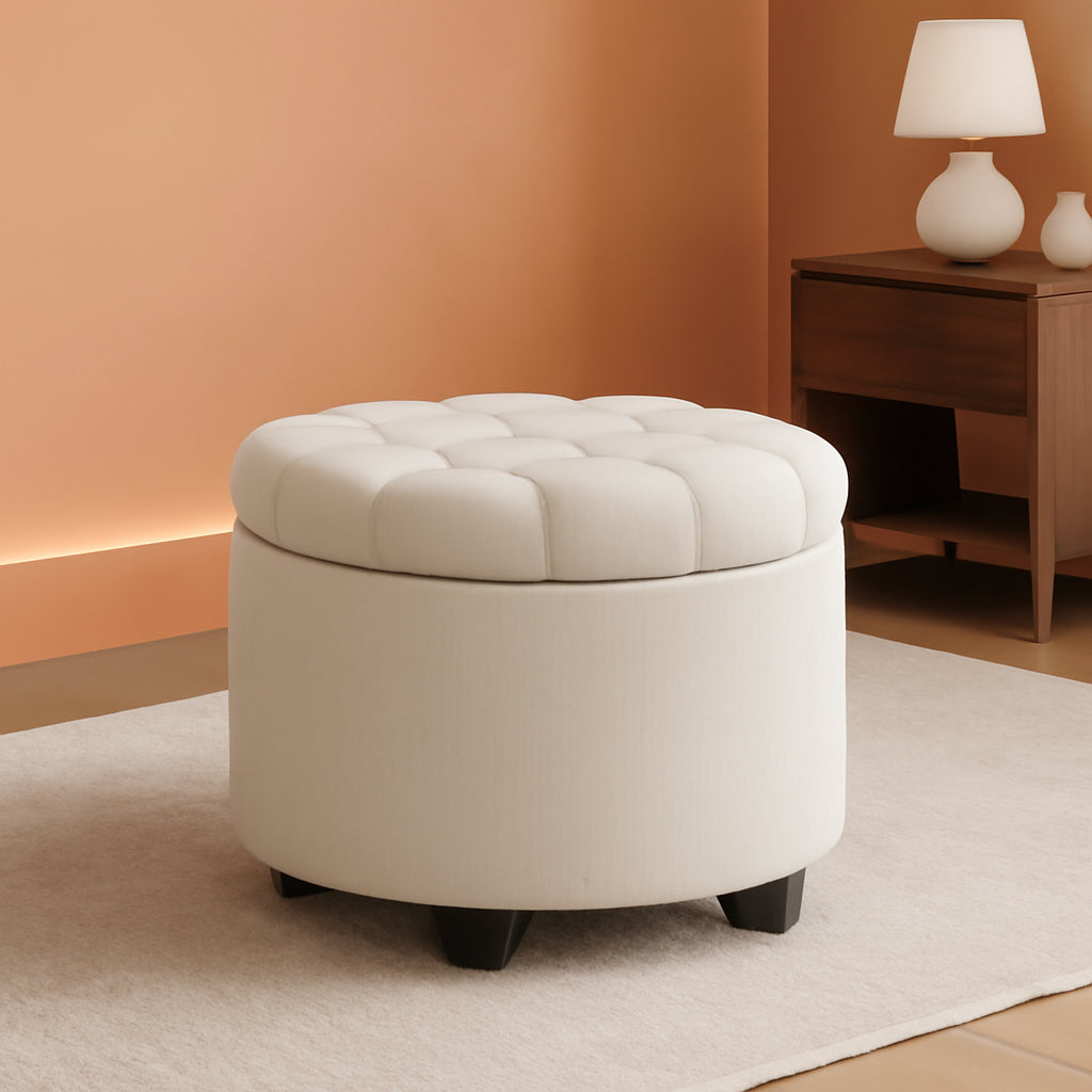 NEW Round Ottoman With Durable Storage Linen-Look Beige