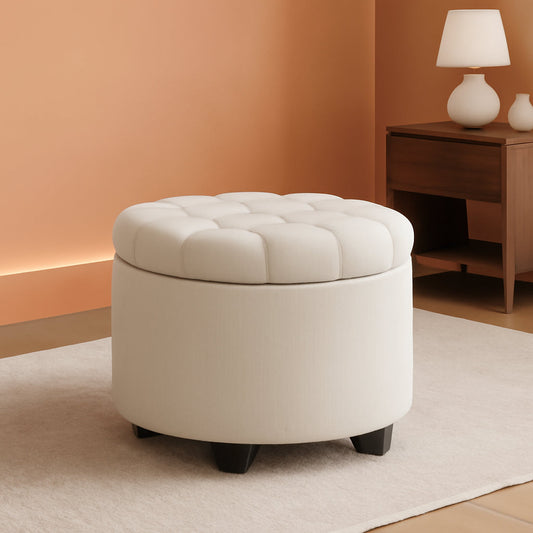 NEW Round Ottoman With Durable Storage Linen-Look Beige