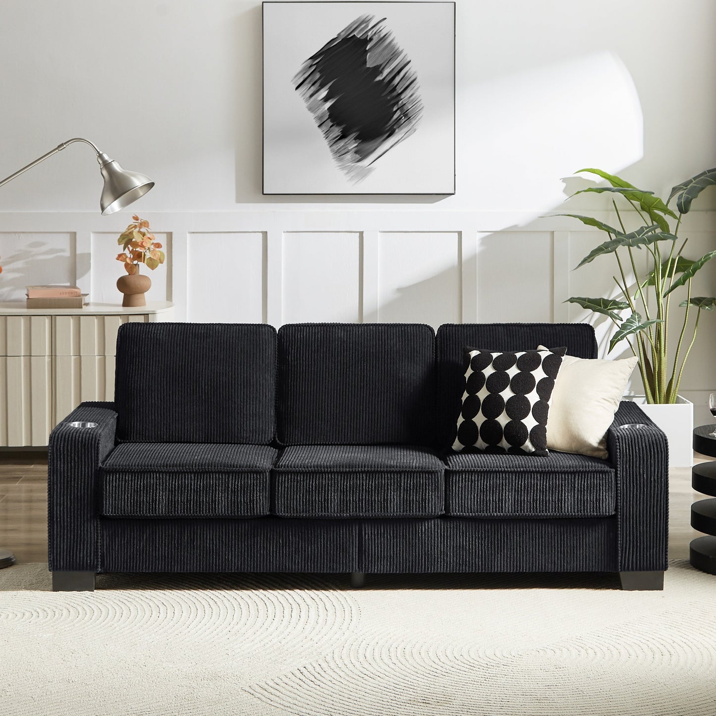 New Modern Corduroy Fabric Sofa, 3-Seater Compressed Couch