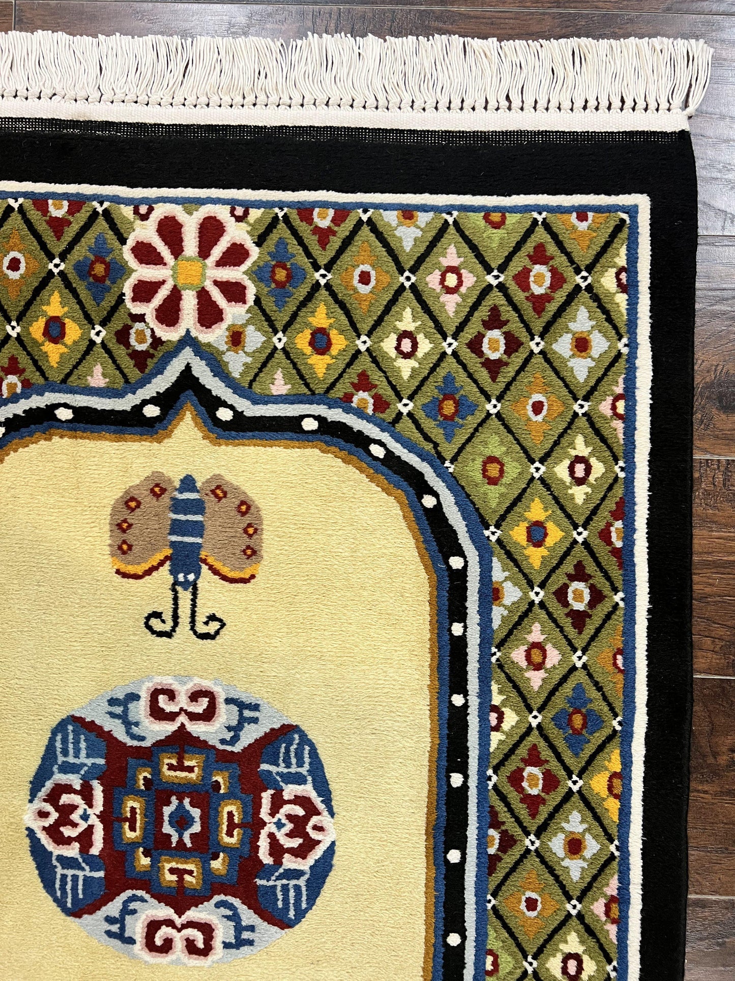 USED Chinese Rug 3x6 ft, Chinese Wool Rug, Tiensin Rug, Handmade Wool 3 x 6 Vintage Peking Rug, Art Deco Rug, Butterflies