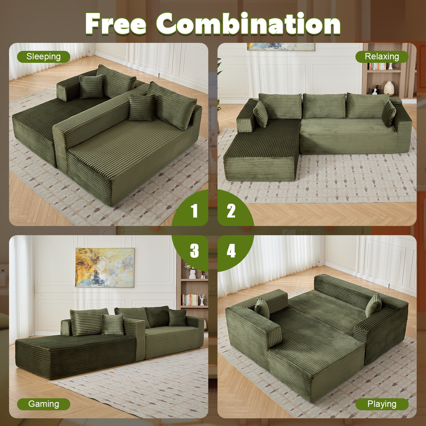 NEW Compression Sectional Couch with Comfy Chaise, Boneless L Shape Sofa with Deep Seat, Minimalist Modular Couches Sleeper for Living Room Bedroom Apartment Lounge,corduroy,Green