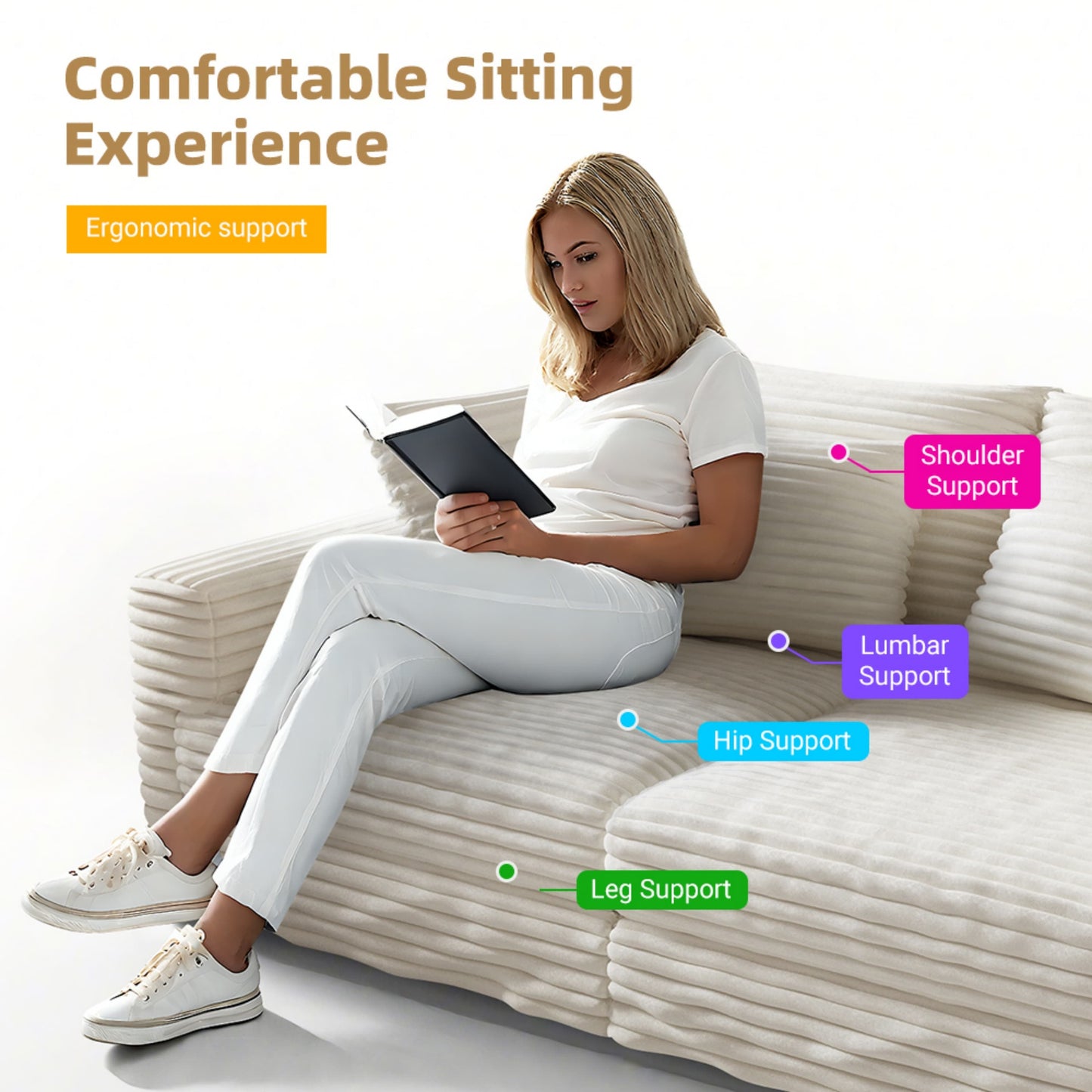 NEW 82.7' Plush Modern Beige Corduroy 3-Seat Comfy Upholstered Sofa Cloud Couch,Deep Seat Couches with Soft Pillows,Convertible Deep Seat Sofa Lounge Chair