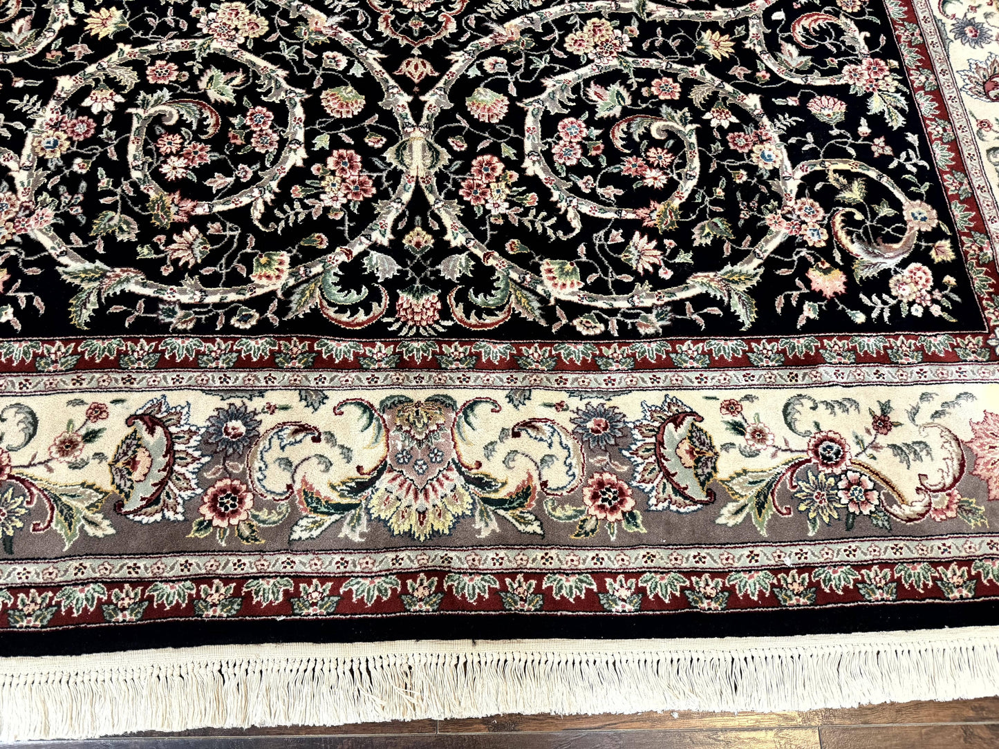 USED Black Pak Persian Rug 8x11, Floral Pattern, Hand Knotted Vintage Wool Rug with Silk Highlights, Fine 200 KPSI