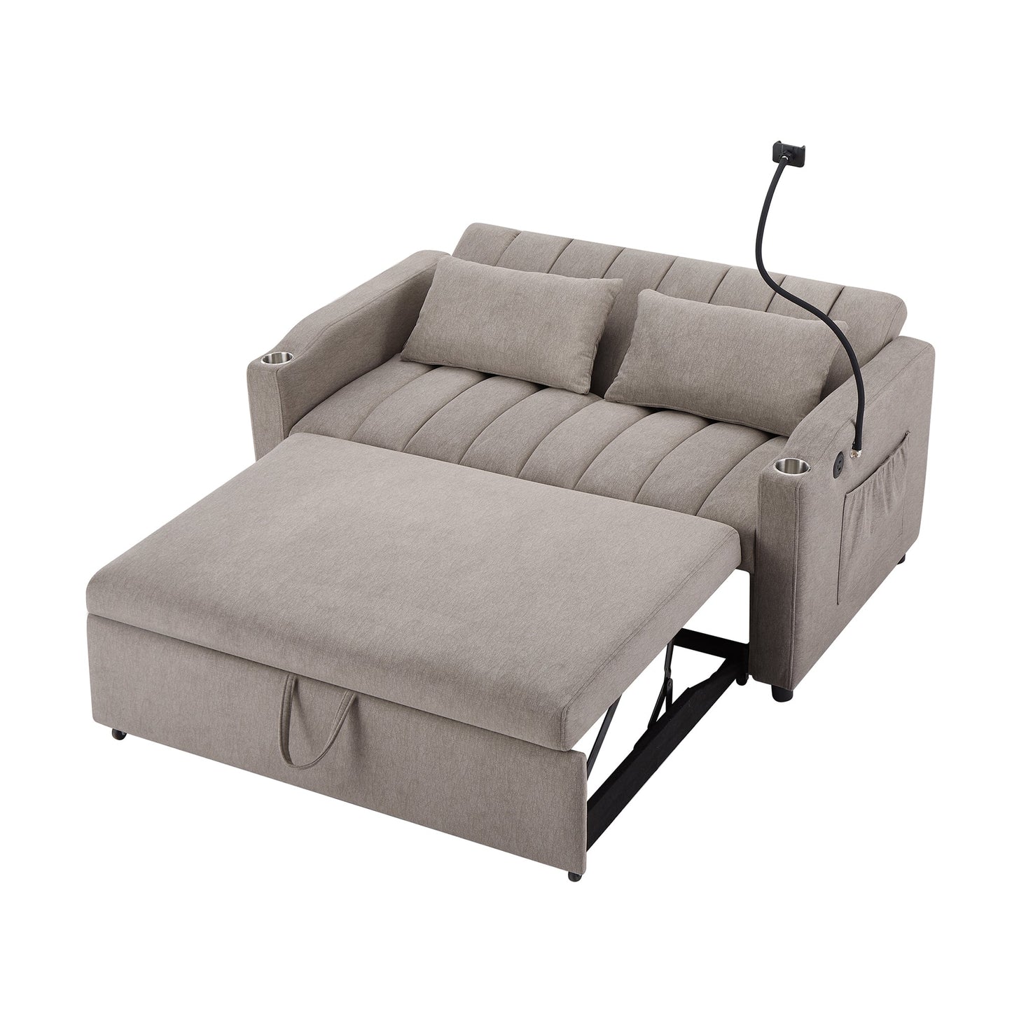 NEW Convertible Sofa Bed Loveseat with USB Ports, Side Pockets, Cup Holders & Swivel Phone Holder, Light Grey Bella Fabric