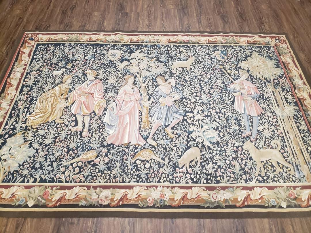 USED Vintage European Tapestry 5.4 x 7.11, Antique Style European Wall Hanging, Aubusson Weave Handmade Tapestry, Courtship Dating Scene, Animals