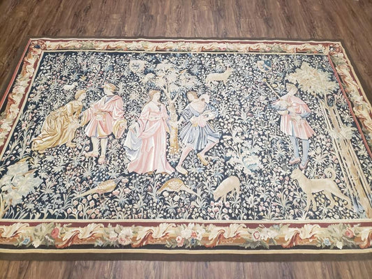 USED Vintage European Tapestry 5.4 x 7.11, Antique Style European Wall Hanging, Aubusson Weave Handmade Tapestry, Courtship Dating Scene, Animals