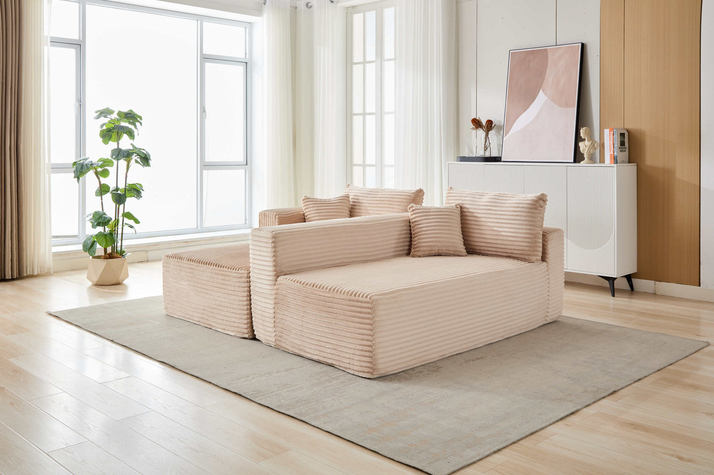 NEW Compression Sectional Couch with Comfy Chaise, Boneless L Shape Sofa with Deep Seat, Minimalist Modular Couches Sleeper for Living Room Bedroom Apartment Lounge,corduroy,Beige