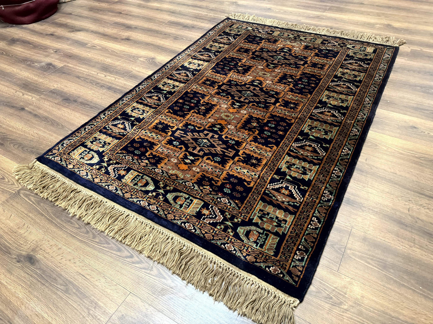 USED Vintage Afghan Rug 4x6, Navy Blue and Light Brown, Geometric Medallions, Wool on Wool, Tribal Rug