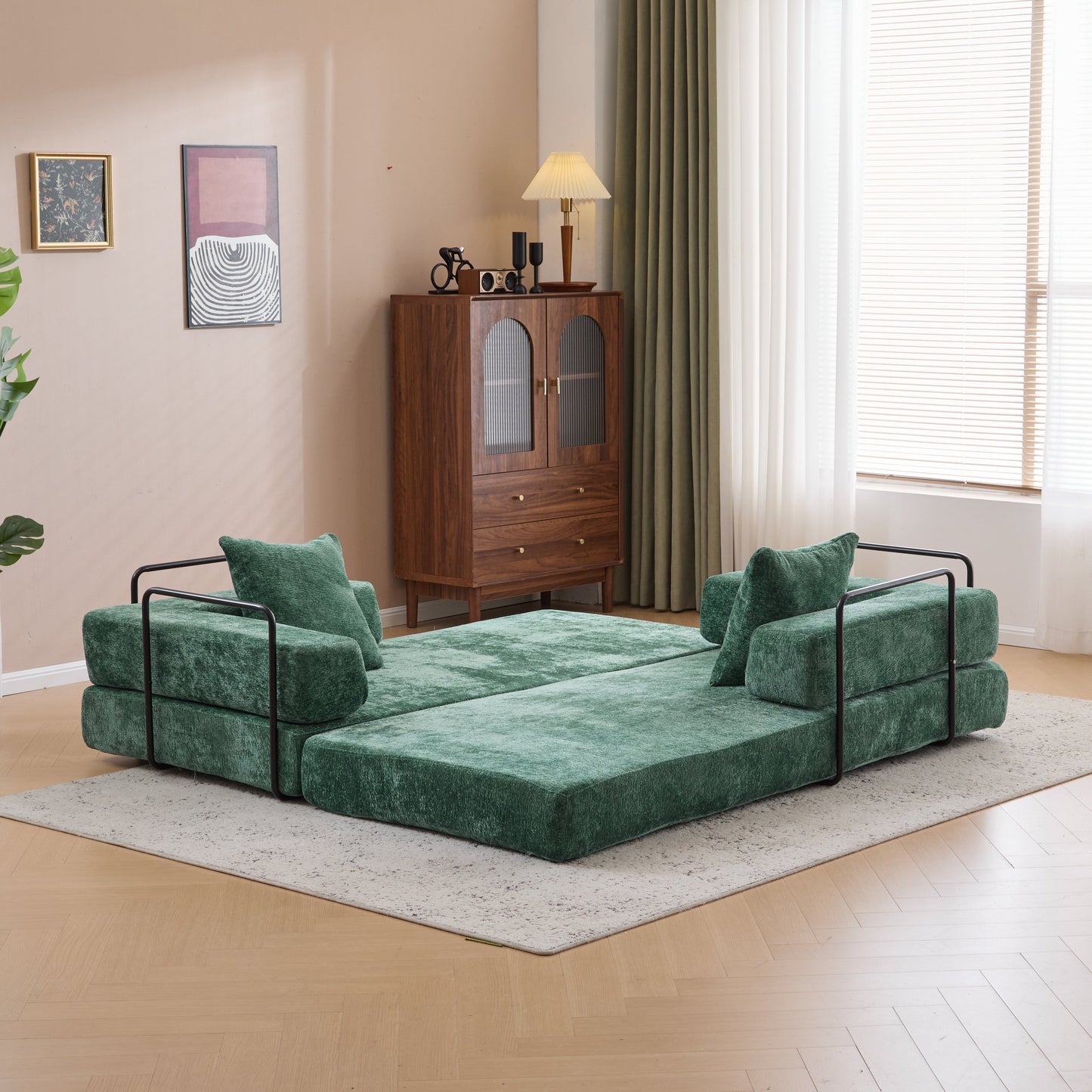 NEW Dark Green Chenille Fabric Floor Compression Convertible Sofa Bed