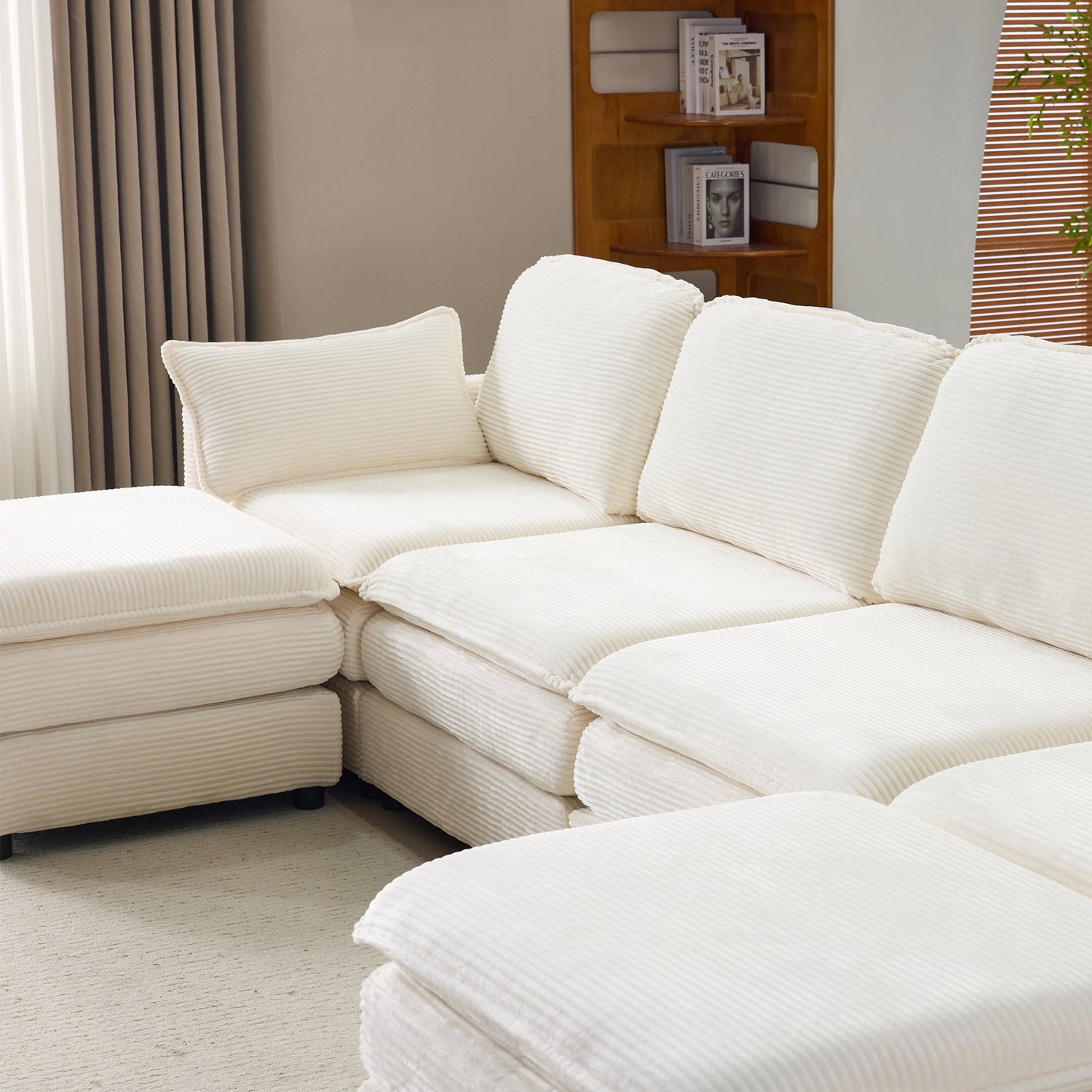 NEW 136' Plush Cloud 3-seater Sofa: Modular 4-seater Sofa + 2 Footstools with 22' Beige Chenille Cushions + 2 Throw Pillows - Compact Size for Apartment, Living Room, Bedroom (Beige)