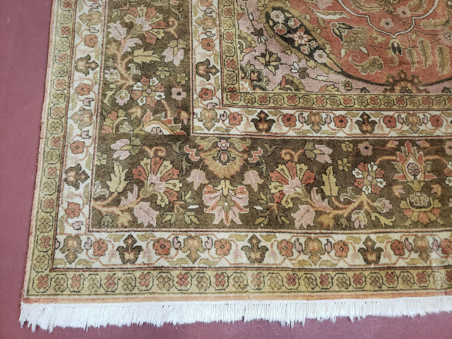 USED Indo Persian Rug 8x10, Vintage Indian Rug 8 x 10, Fine Hand-Knotted Wool Rug, Rose Clay Red Beige Brown Handmade Area Rug, Floral Medallion