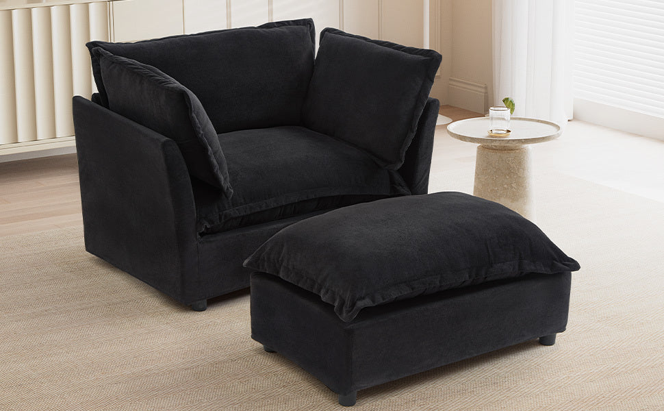 NEW Modern Armchair Sofa 47' Cozy Upholstered Sofa Chair with Movable Ottoman, Black Chenille, Wide Seat & Curved Armrests