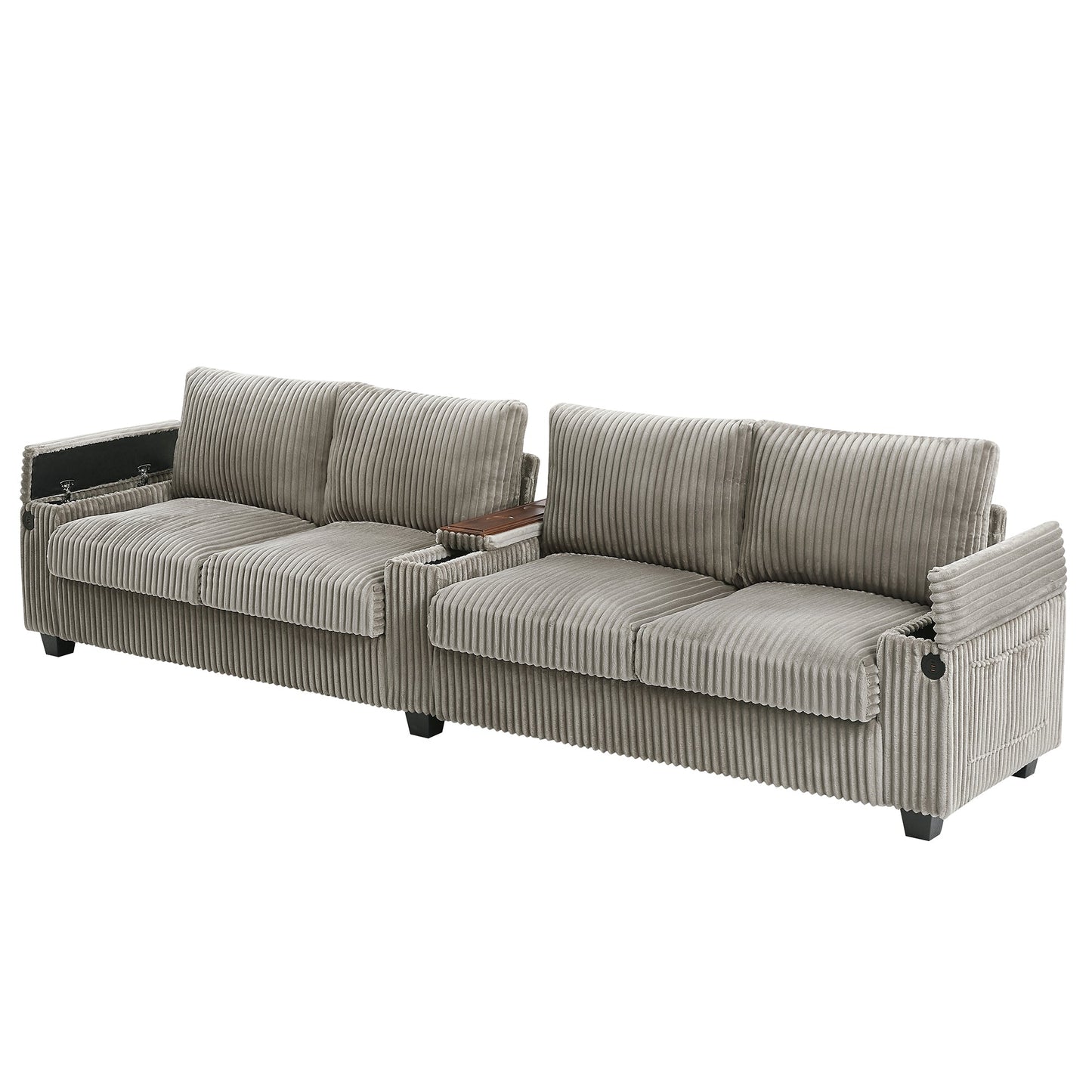 NEW Modern 4-Seater Corduroy Sofa Couch with USB Ports, Hidden Storage Arms, and Flip-Top Cup Holders, Brown, 133 Inches
