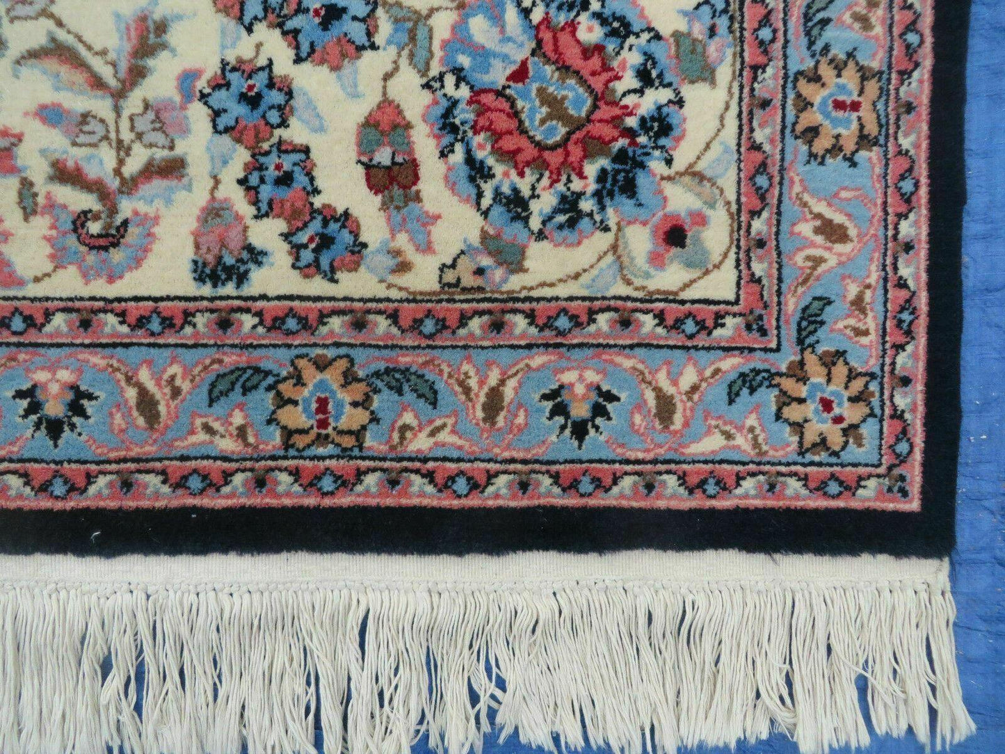 USED Large Indo Persian Rug 10x14, Wool Hand-Knotted Carpet, Navy Blue Ivory