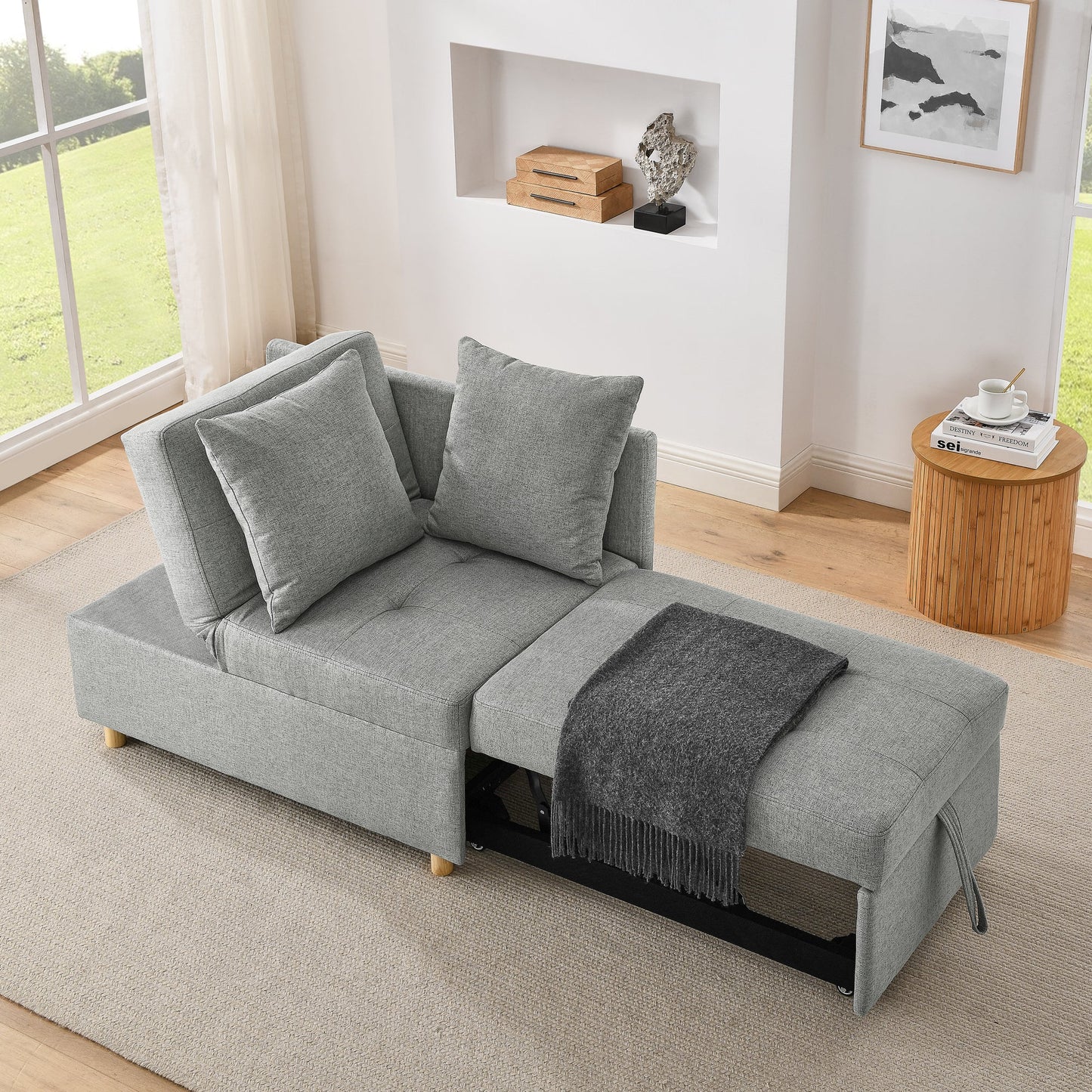 NEW Grey Modern Linen Fabric Convertible Sleeper Sofa Chair Adjustable Backrest Recliner with Pullout Sofa Bed with Wheels