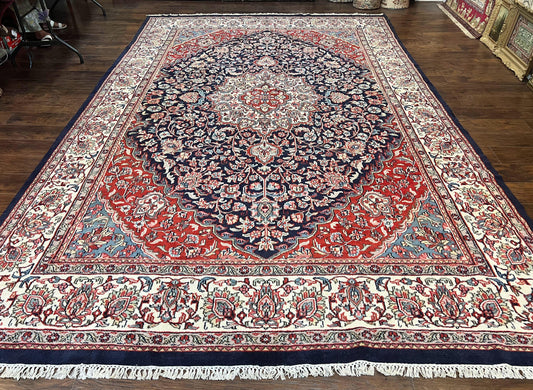 USED Indo Persian Rug 10x15, Floral Allover, Handmade Vintage Wool Carpet, Dark Blue Ivory Red, Palace Size Traditional Rug