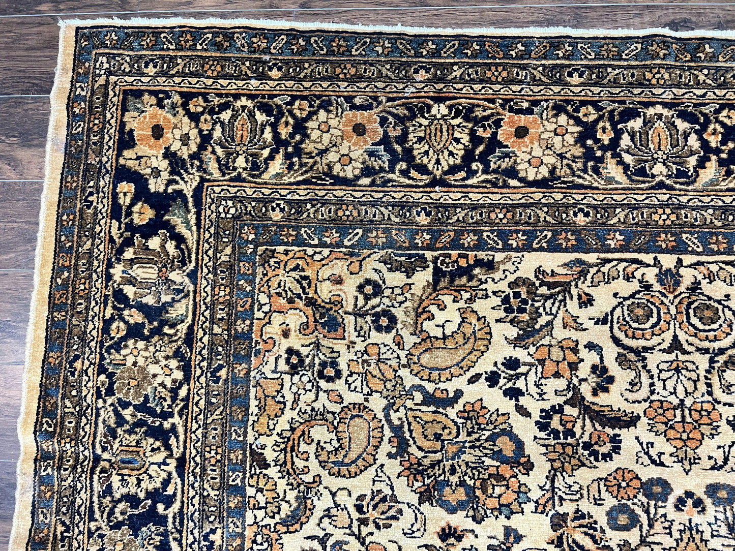 USED Antique Persian Rug 9x11, Wool Handmade 1920s Oriental Carpet, Persian Hamadan Anjelas Rug, Cream Black, Floral Allover Oriental Rug 9 x 11 Room Sized Rug