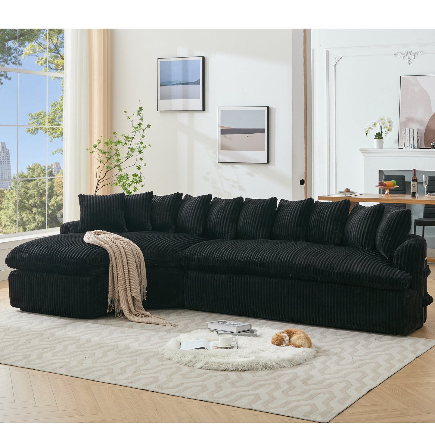 NEW 127''  Large Sectional Sofa ,Elegant Curved Design ,High-Resilience Foam ,Ten Back Cushions,L-Shape Left Sofa,No Assembly  Required , (Black-Soft Corduroy Fabric)