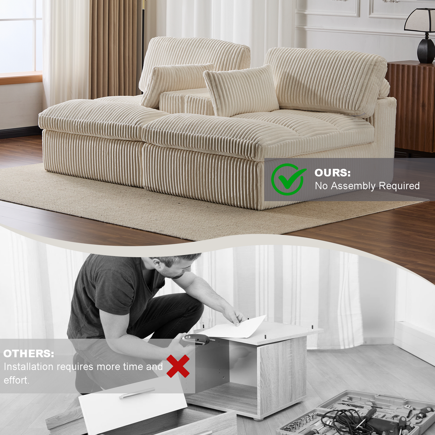 NEW Double Chaise Lounge Chair Indoor,Oversized Upholstered Sleeper Cloud Couch,Deep Seat Luxury Sofa Bed,Sectional Sofa Chaise Love-seat,Corduroy Reading Chair for Living Room,No Assembly Required,White