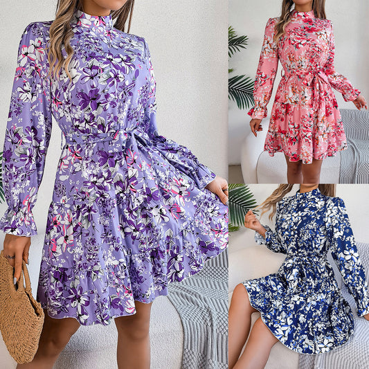 New Standing Collar Floral Print Waist-controlled Long Sleeves Ruffled A-line Dresses For Women Spring Autumn Ruffle Edge Long Dress