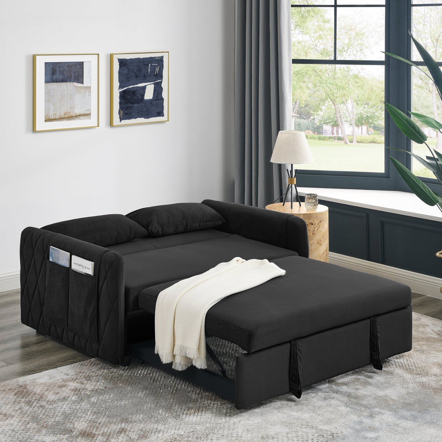 NEW 55' Modern Convertible Sofa Bed with 2 Detachable Arm Pockets, Velvet Loveseat Sofa with Pull Out Bed 2 Pillows Adjustable Backrest Grid Design Armrests