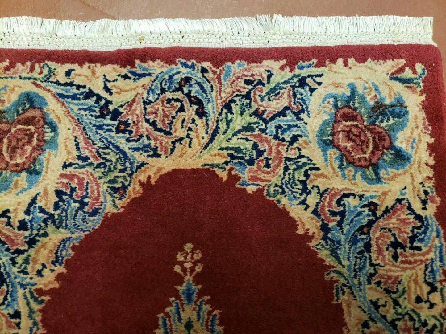 USED Small Persian Kirman Rug 2x4, Wool Oriental Vintage Handmade Carpet, Hand Knotted Floral Medallion, Red & Beige, Semi Open Field