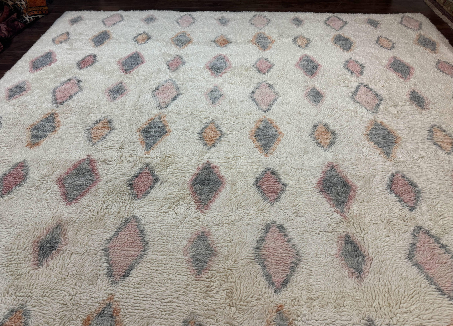 USED Large Modern Contemporary Indian Shag Rug 11x14, Ivory, Handmade Wool Carpet