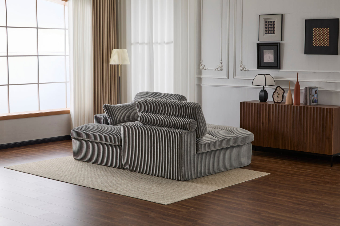 NEW Indoor Grey Corduroy Oversized Upholstered Double Chaise Lounge Chair Oversized Upholstered Sleeper Cloud Couch Deep Seat Luxury Sectional Sofa Bed Chaise Lounge