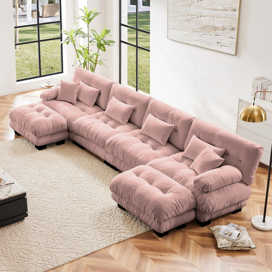 NEW Pink Chenille Free Combination Modular Sectional U Shaped Sofa Comfy Four Seater Couch with 2 Ottomans