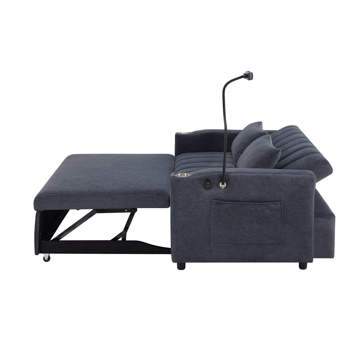 NEW Convertible Sofa Bed Loveseat with USB Ports, Side Pockets, Cup Holders, and Phone Holder in Blue Grey Bella Fabric, 55.9'