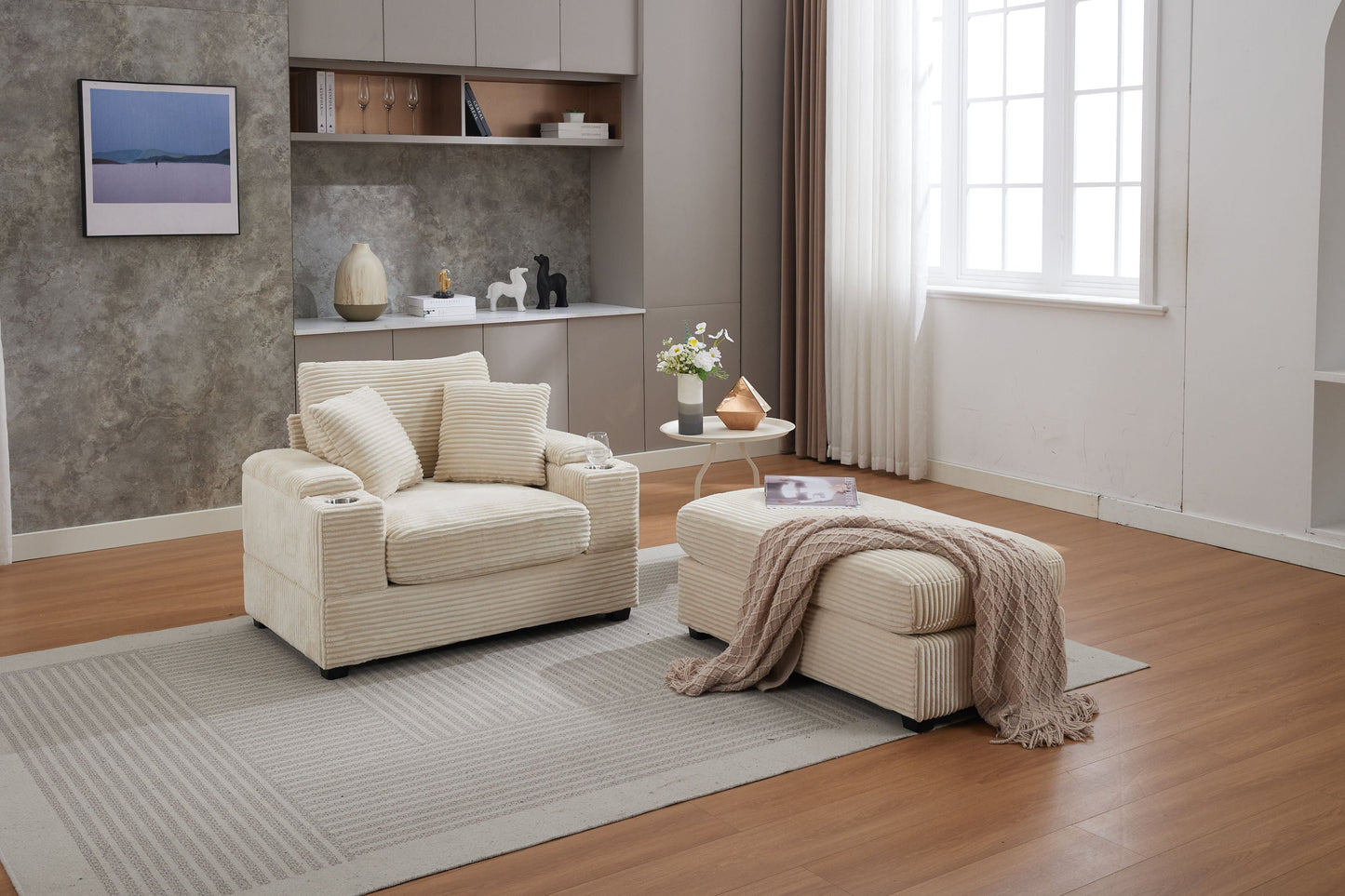 NEW Corduroy Beige Upholstered Chaise Lounge Sofa