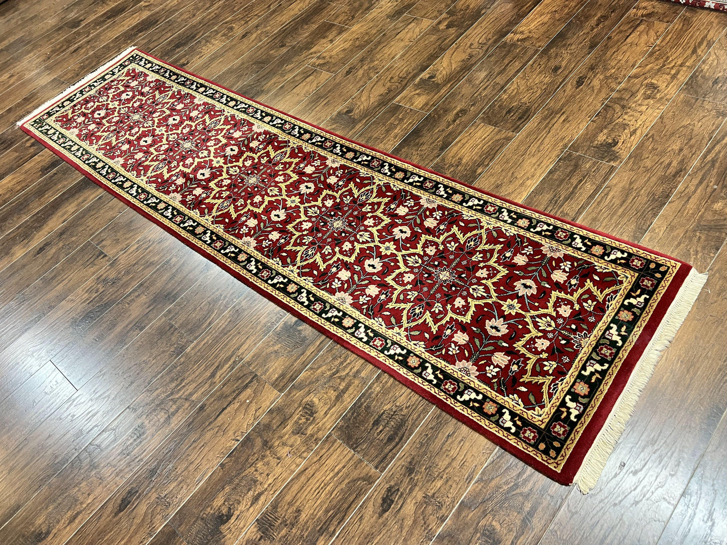 USED Indo Persian Runner Rug 2.6 x 10, Floral Hand Knotted Wool Hallway Rug, Red