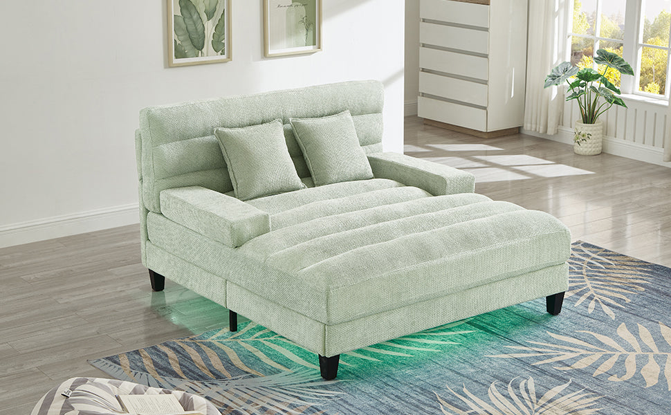NEW Modern Chaise Lounge Sofa Bed with Adjustable Backrest and LED Light Strip, Green Chenille Upholstered, 57.1 Inches