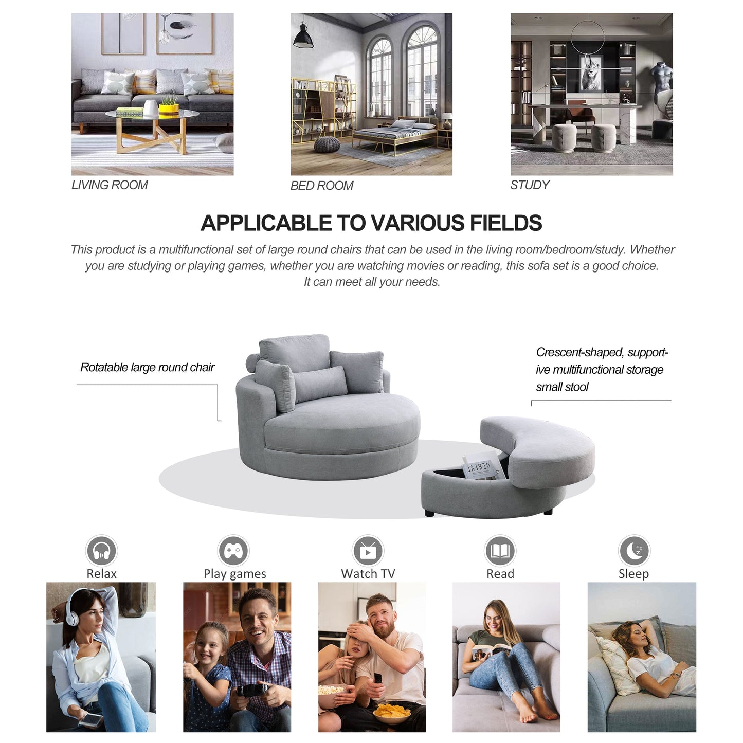 NEW We Like Swivel Accent Barrel Modern Grey Sofa Lounge Club Big Round Chair with Storage Ottoman Linen Fabric with Pillows